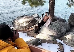 Striking blonde model in sensual naked photoshoot outdoors