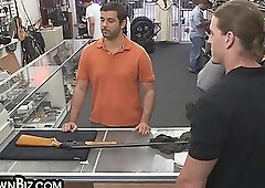 Pawn shop stud rides top cock in office after dicksucking