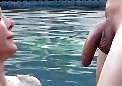 Two transvestites do some hardcore fucking by the pool