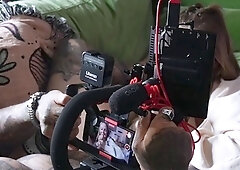 Behind the scenes with sexy pornstar MILF sucking cock