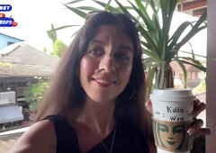 Katty West In Blowjob In A Public Toilet Starbucks And Cumwalk - She Drinks Coffee With Cum On Face Among People