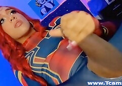 T-Girl model eagerly stroking her hard cock on cam