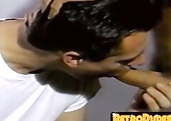 Vintage homo takes a big load on hairy chest after sex