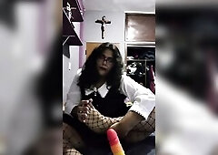 Plump Trans cutie playing with sex toy