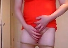 Red minidress, nude pantyhose and black high heels