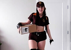 Slutty delivery girl plays with a rubber cock in her fat pussy