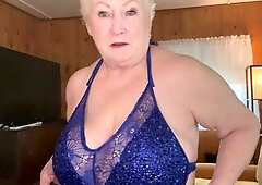 Big Tits Gilf Tries On Sexy Blue Bodysuit