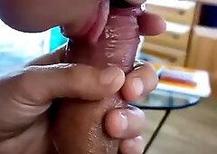 Deep throat, magical tongue play, he cums in my mouth and I show him how I play with his milk