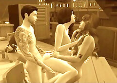 Retro clip of a wild group orgy at a cafe