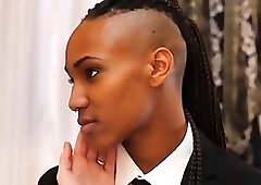 Black babe is fucking a hot, blonde bride with a strap- on, before her wedding