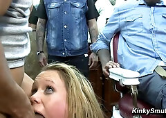 Blond deep throat and 2 dicks in one chick public shagged