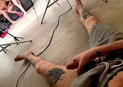 The Cuckold Watches how His Girlfriend is Being Fucked by a Crowd of Cocky Guys