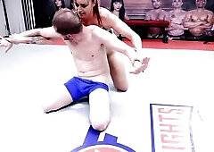 Mixed Stripped Wrestling As Bella Rossi Fights A Stud Dominating Him With Footjob Play And A Pegging
