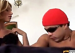 Tattooed guy gets his ass smashed by a blonde shemale with big dick