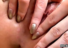 Sweet nympho is stretching narrow twat in close up and coming