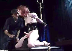 Shemale slave bound on sybian