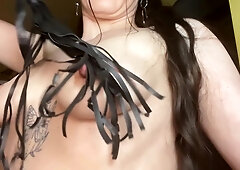 Kristi Ren Whips Herself With A Flogger, Stretches And Puts Clamps On Her Big Nipples