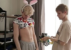 Sweet twink Ethan Lestray gets seduced by two guys with huge dicks for a wild orgy, two take turns filling his tight ass