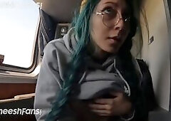 sexy girl rubs pussy in public train