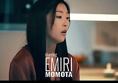 Emiri Momota rides muscular Tommy Gold on a couch in a sleek modern kitchen