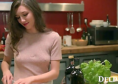 Maya Woulfe caught between two hungry men in a rough kitchen threesome