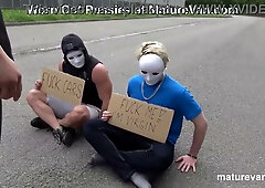 Blonde in leather skirt bends over in white van for deep doggy style