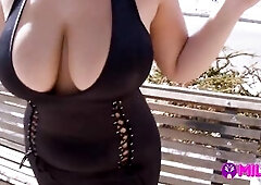 Glamorous large boobs bounce on the street