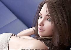 Brunelette in white top teases through jeans before giving a slow handjob on the blue couch
