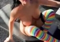 Busty curly brunette with big boobs fucks on couch