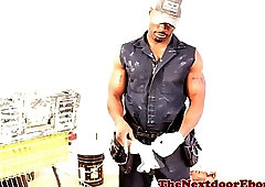 Black builder jerking his cock until cumshot