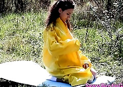 Ingrid is a hawt teen who likes to play with her rain coat, disrobe, masturbates and pee on the grass