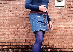 Crossdressed Outdoors fondling and sensing myself in my nylon tights leotard and mini micro-skirt