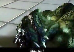 Chubby brunette bear riding this reptile creature's cock