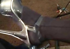 Crossdressing ts in spandex catsuit plays with his tool solo