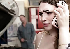 Spoiled angel gets drilled by mature mechanic