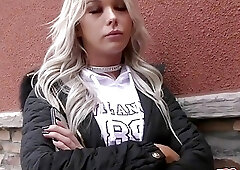 Girly tranny gets seduced by another blonde shemale on street