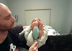 Step mom gets wrapped up and tickled on her soles, begging not to be brushed