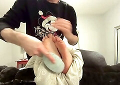Step mom gets wrapped up and tickled on her soles, begging not to be brushed