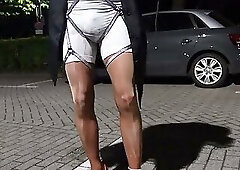 crossdresser cum in huge nylonbody and Harness