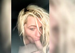 Charming streetwalker keeps sucking after a chap cums in her throat in the backseat of his truck