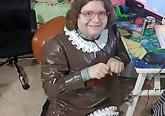 Shemale in latex outfit masturbates like a naughty maid