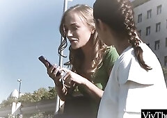 Slim lesbo bangs a stranger that babe picks up, licking her smooth cunt
