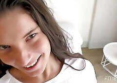 Adorable teen brunette is having casual sex with a male pornstar, during an XXX video casting