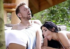 Hot teen brunettes are having an amazing threesome with a handsome lumberjack from the neighborhood