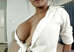 Oriental With Large Silicone Bazookas Creampied By Foreign Dude