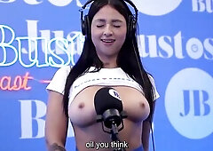 Oiled latin babe with PRETTY MELONS Kataleya Ross hops up the sex tool machine until that babe cums! Juan Bustos Podcast