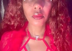 Tonguing, red lingerie