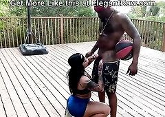 ElegantRAW.com movie scene! Large butt Lalin girl Monica Santhiago teases Rome Major on the outdoor deck with a basketball in his hands. Check out in 