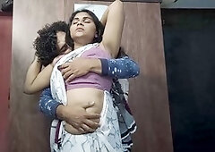 Vaishnavy and Sharun Raj intense saree love part 2, Neck smooch affection with passionate kissing and breast squeeze, Mallu pair steamy breasts fondli
