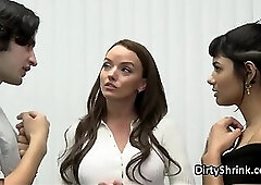 Brunettes milking and riding lucky stud on therapy